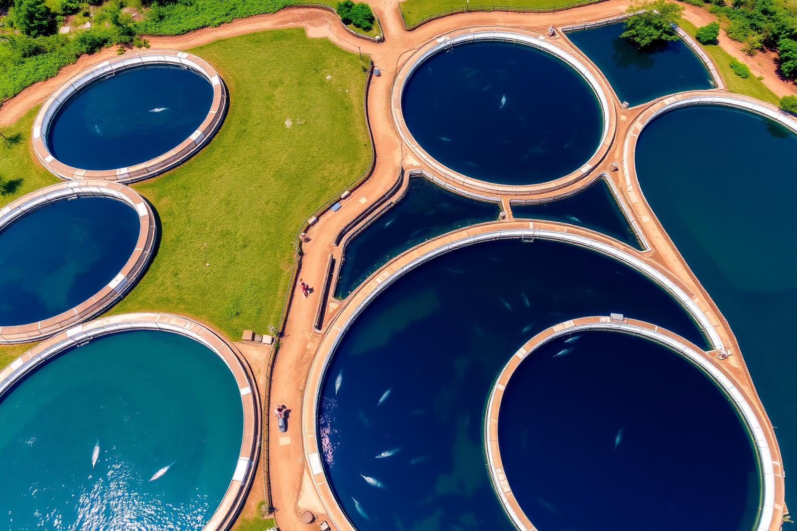 Vista aérea dos tanques de criação Frigofish
